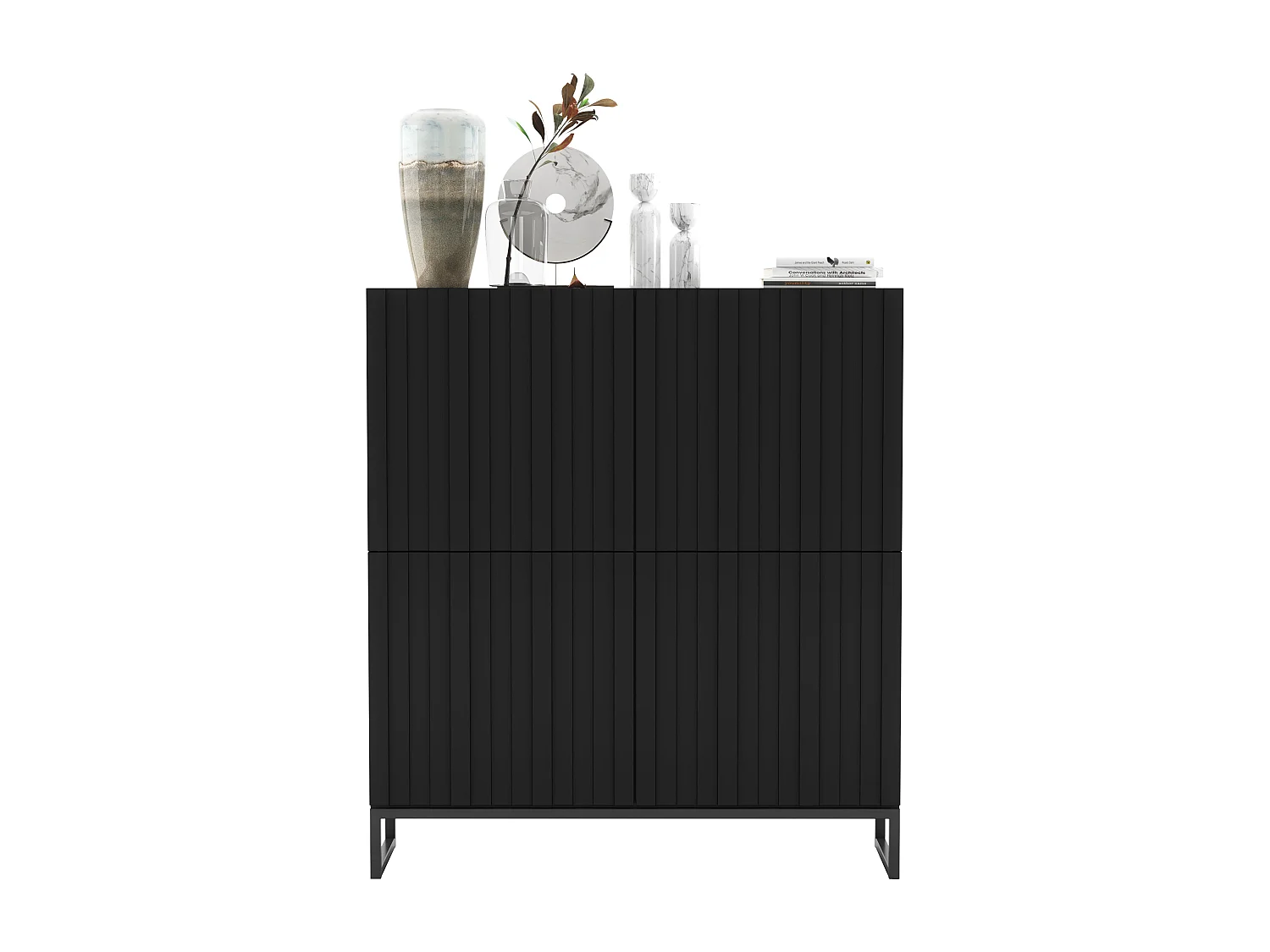 Commode avec 4 portes - Corps Noir mat, façades rainurées Noir mat - 112 cm, Cadre en métal noir