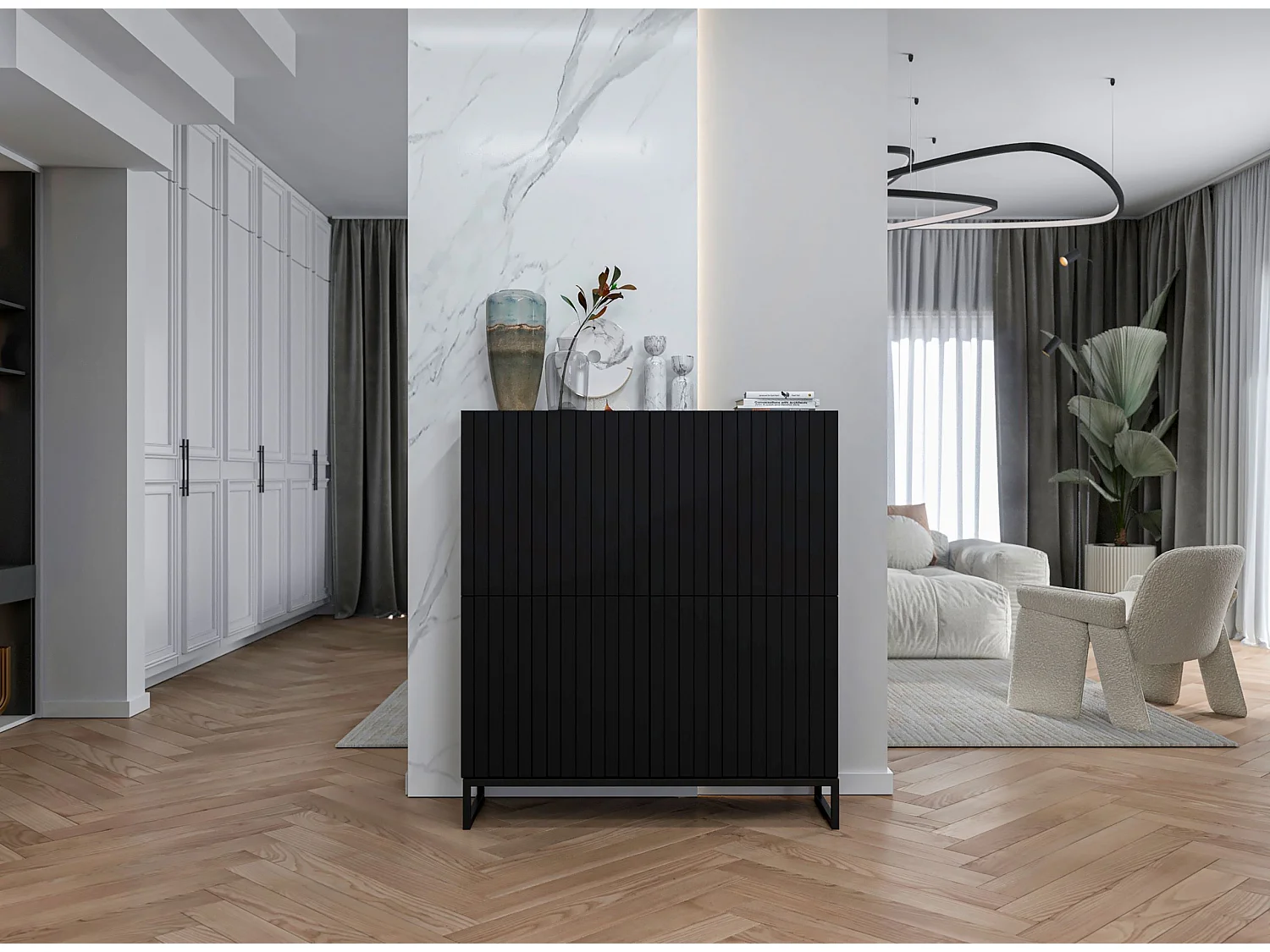 Commode avec 4 portes - Corps Noir mat, façades rainurées Noir mat - 112 cm, Cadre en métal noir