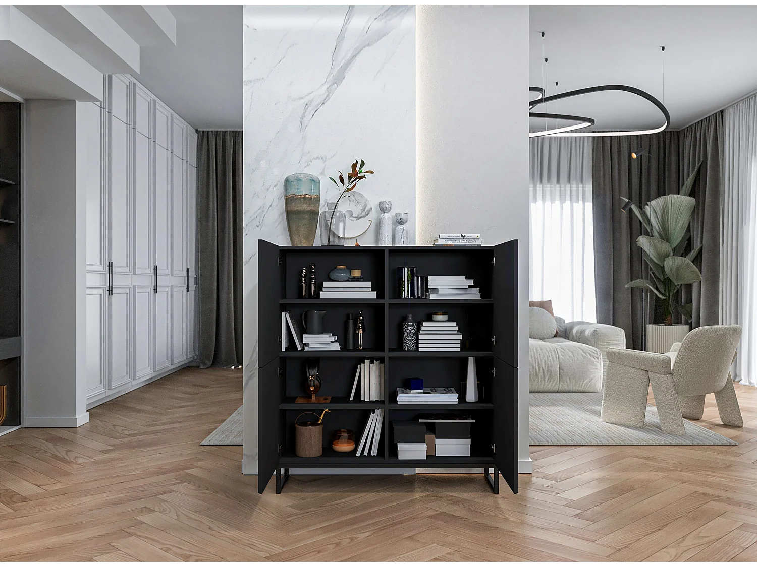 Commode avec 4 portes - Corps Noir mat, façades rainurées Noir mat - 112 cm, Cadre en métal noir