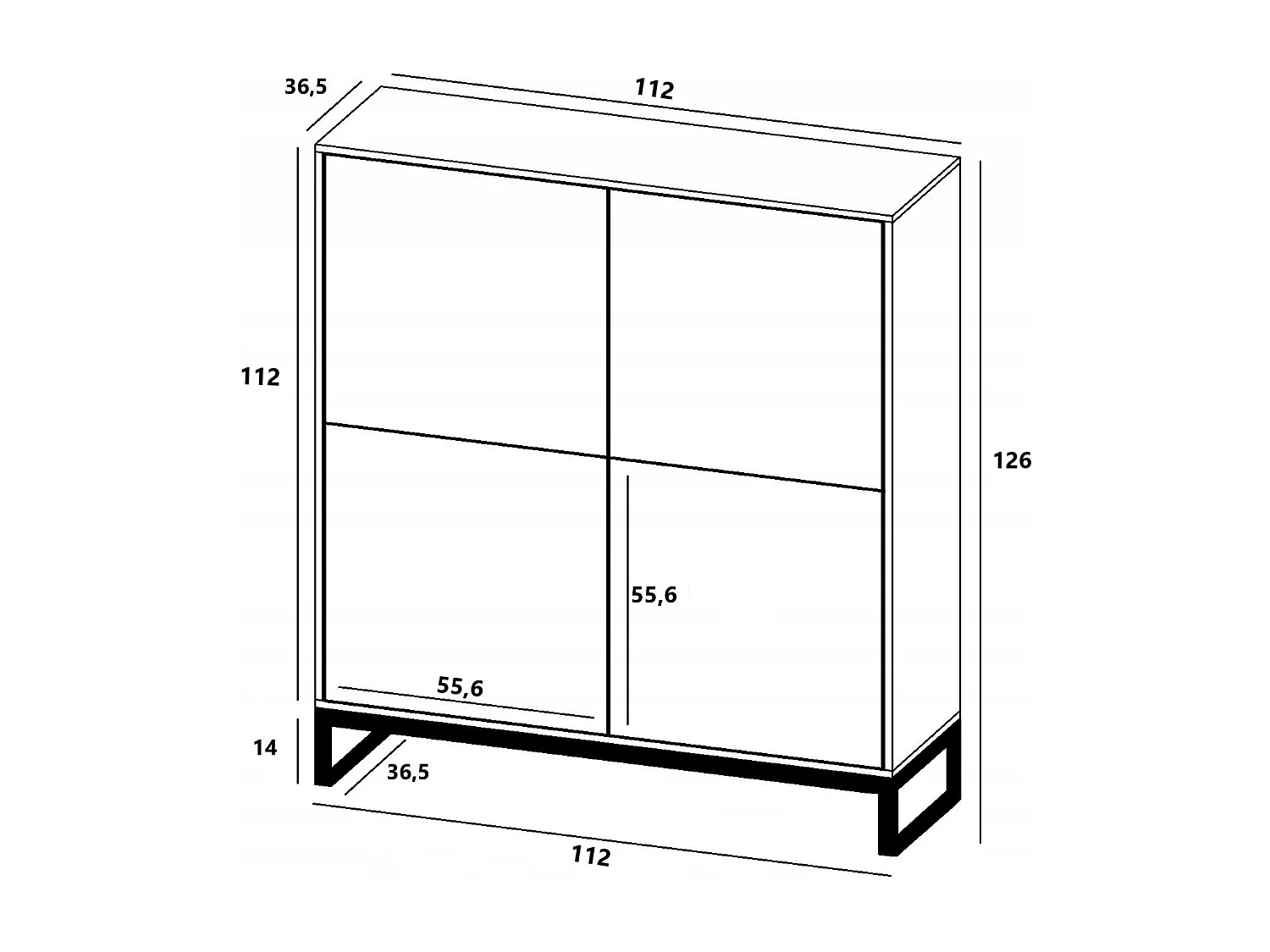 Commode avec 4 portes - Corps Noir mat, façades rainurées Noir mat - 112 cm, Cadre en métal noir