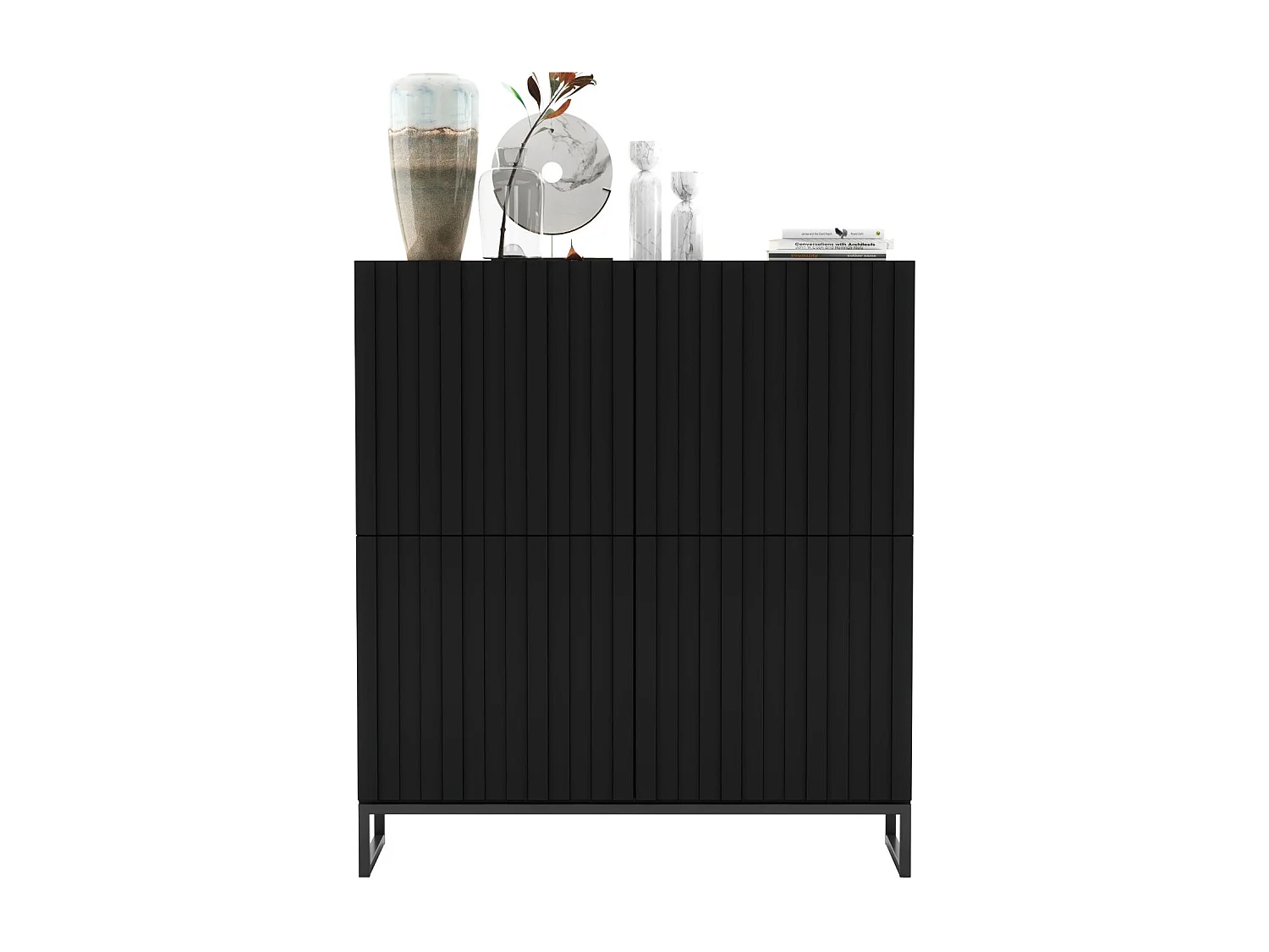 Commode avec 4 portes - Corps Noir mat, façades rainurées Noir mat - 112 cm, Cadre en métal noir