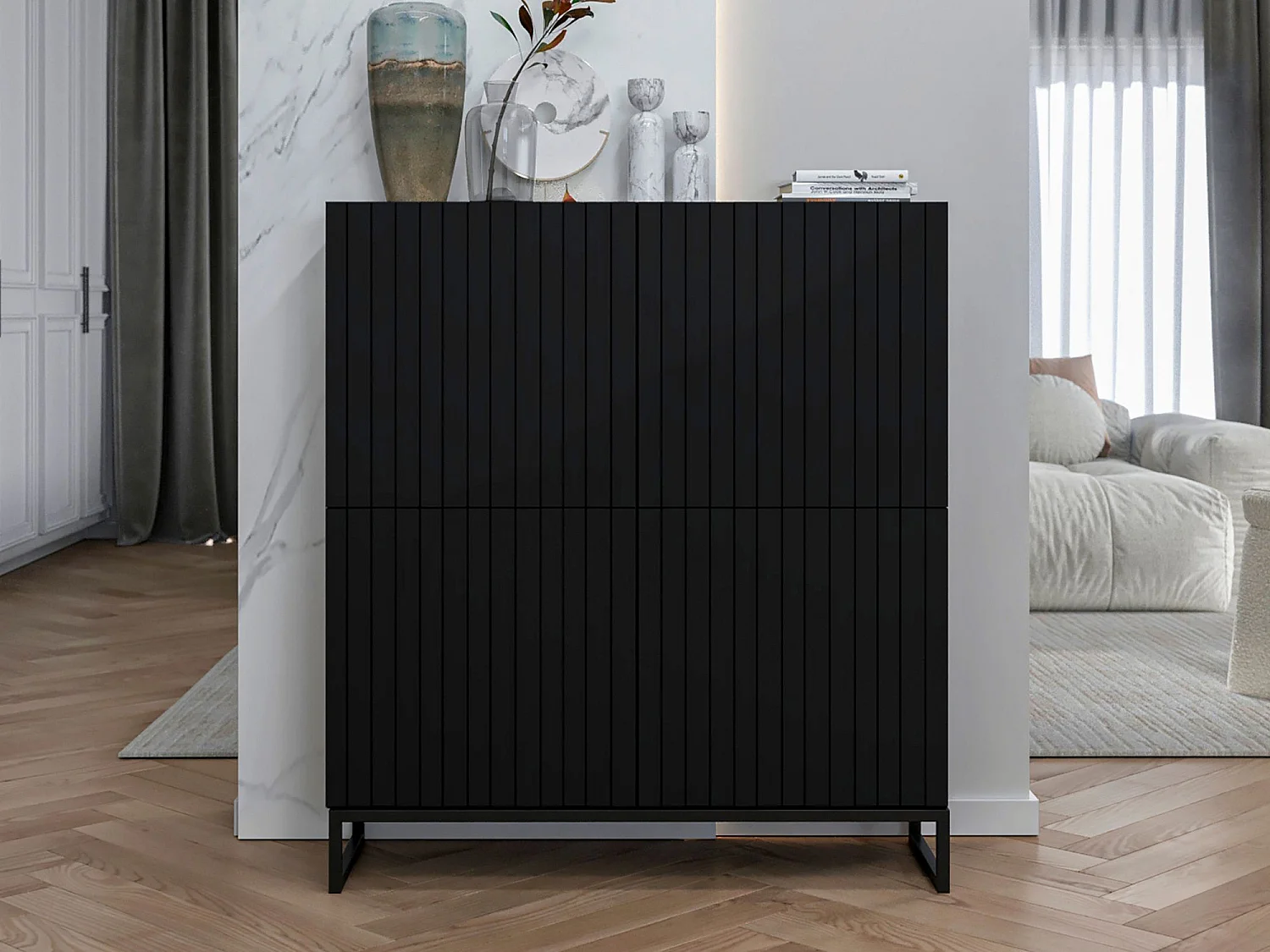 Commode avec 4 portes - Corps Noir mat, façades rainurées Noir mat - 112 cm, Cadre en métal noir
