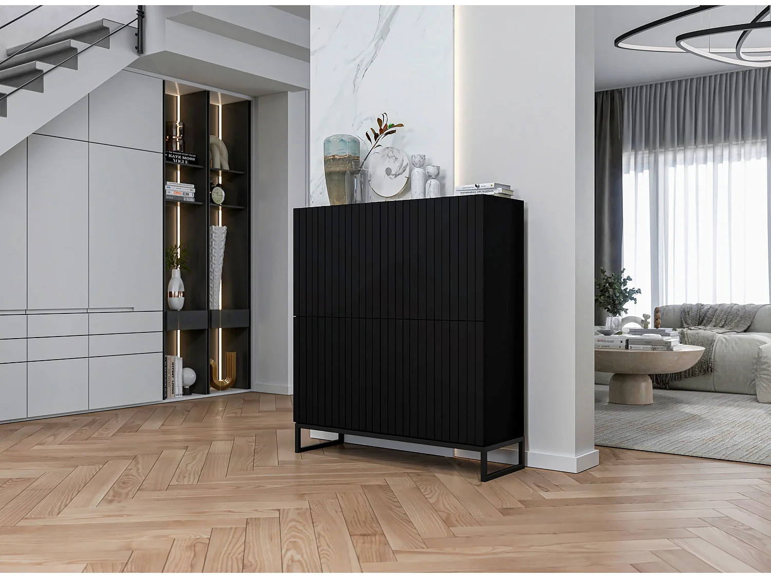 Commode avec 4 portes - Corps Noir mat, façades rainurées Noir mat - 112 cm, Cadre en métal noir