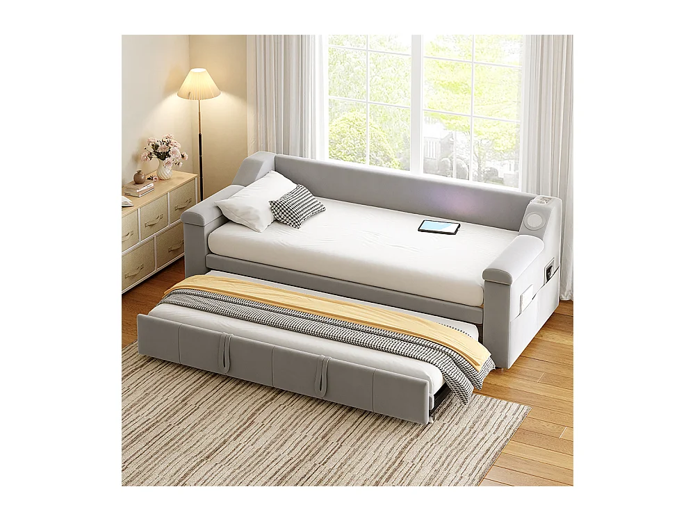 Lit gigogne 90/180x190 avec système stéréo bluetooth intelligent et port USB avec compartiments de rangement tissu velours couleur gris clair