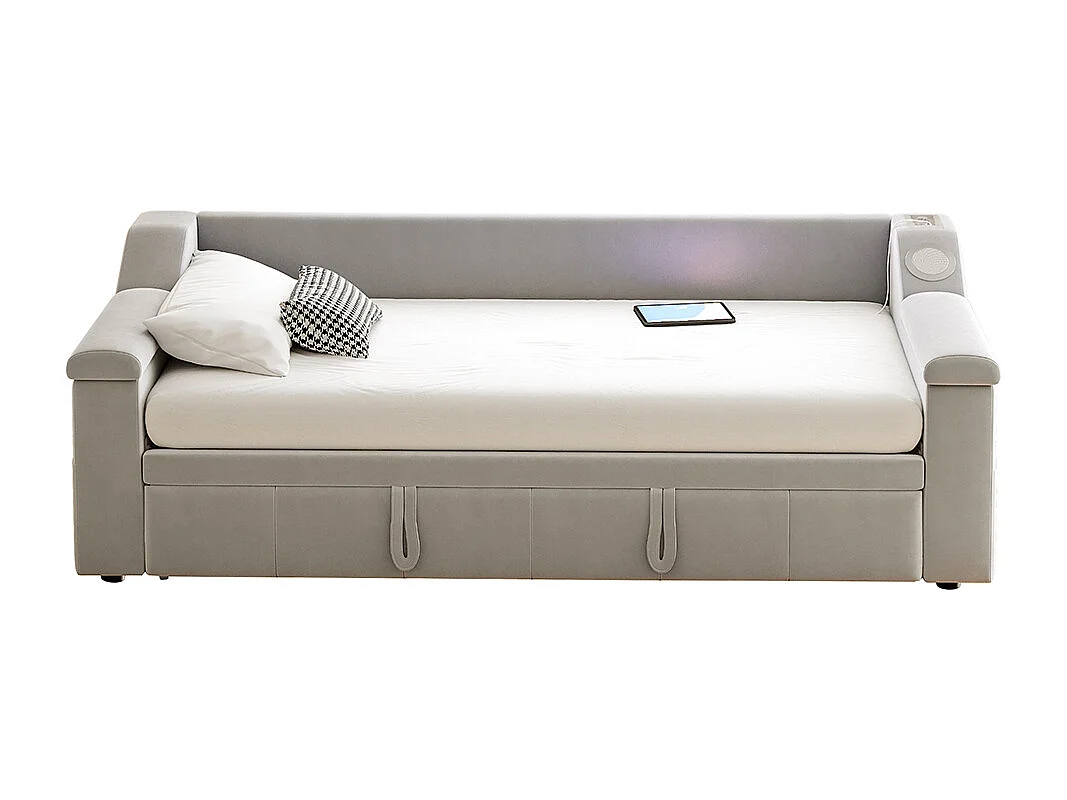 Lit gigogne 90/180x190 avec système stéréo bluetooth intelligent et port USB avec compartiments de rangement tissu velours couleur gris clair