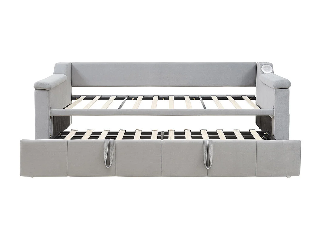 Lit gigogne 90/180x190 avec système stéréo bluetooth intelligent et port USB avec compartiments de rangement tissu velours couleur gris clair