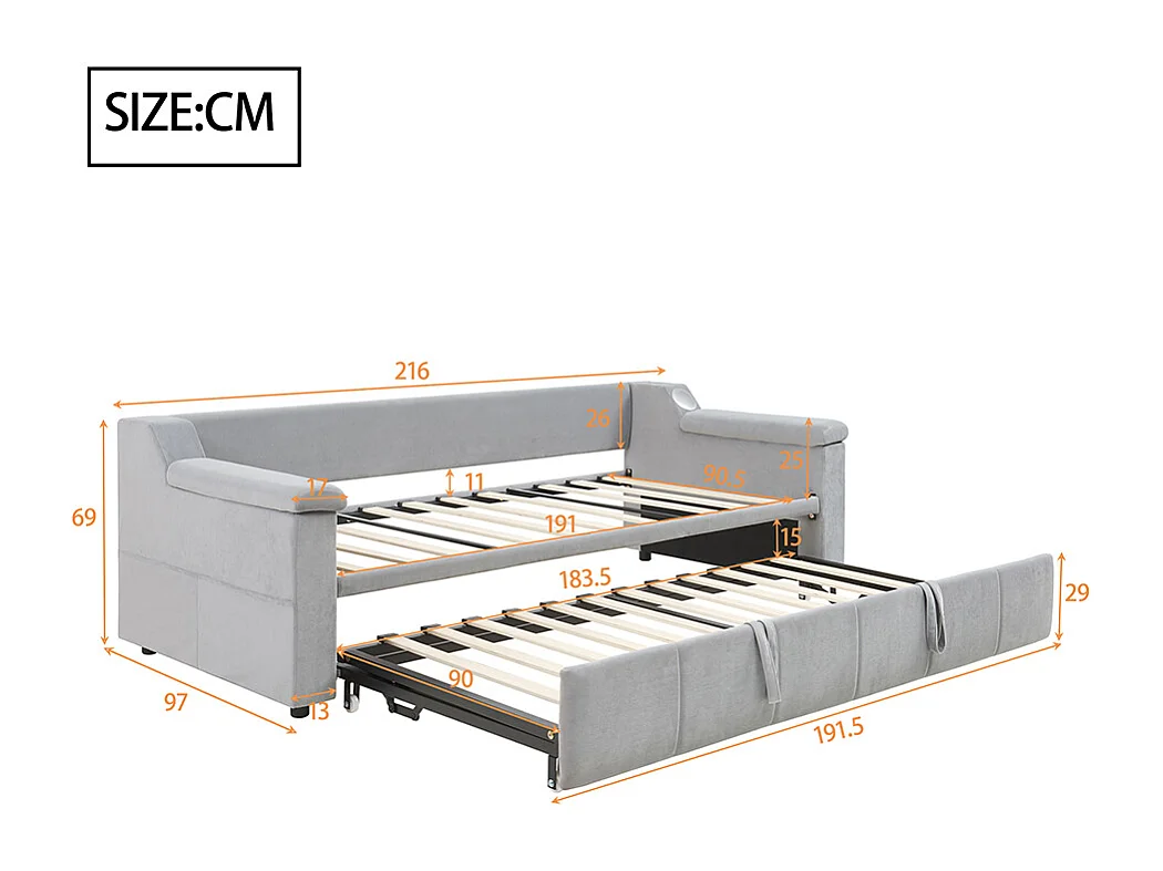 Lit gigogne 90/180x190 avec système stéréo bluetooth intelligent et port USB avec compartiments de rangement tissu velours couleur gris clair