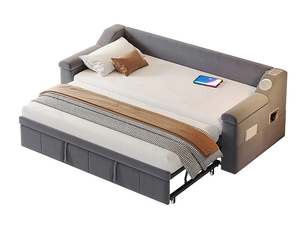 Lit gigogne 90/180x190 avec système stéréo bluetooth intelligent et port USB avec compartiments de rangement tissu velours couleur gris