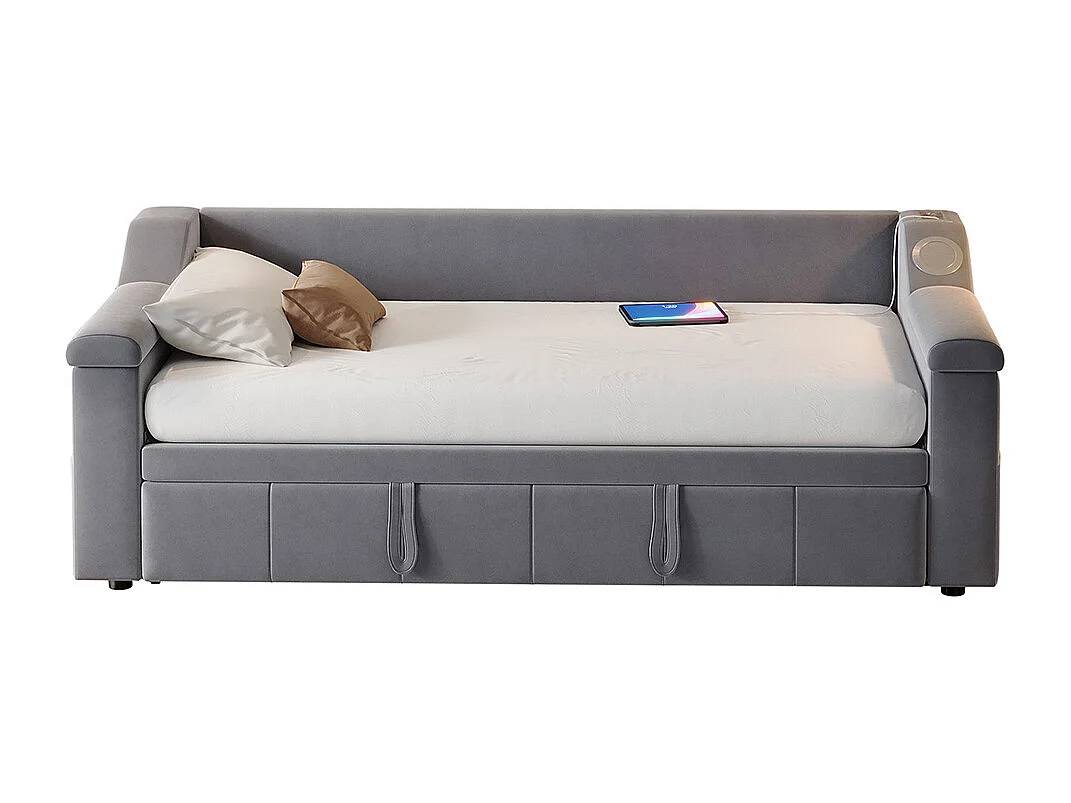 Lit gigogne 90/180x190 avec système stéréo bluetooth intelligent et port USB avec compartiments de rangement tissu velours couleur gris