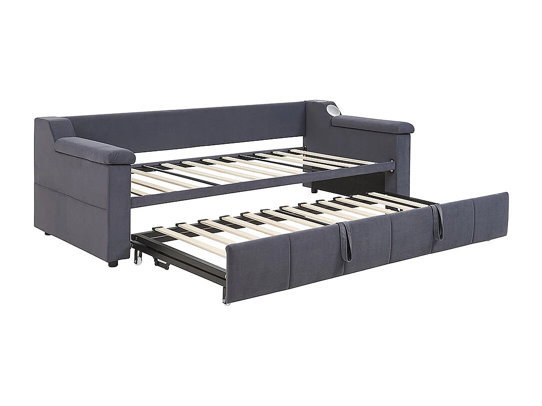 Lit gigogne 90/180x190 avec système stéréo bluetooth intelligent et port USB avec compartiments de rangement tissu velours couleur gris