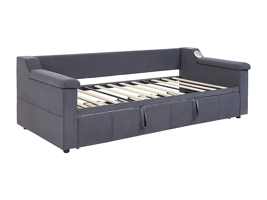 Lit gigogne 90/180x190 avec système stéréo bluetooth intelligent et port USB avec compartiments de rangement tissu velours couleur gris