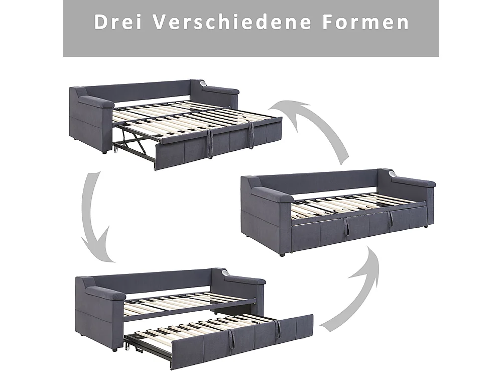 Lit gigogne 90/180x190 avec système stéréo bluetooth intelligent et port USB avec compartiments de rangement tissu velours couleur gris