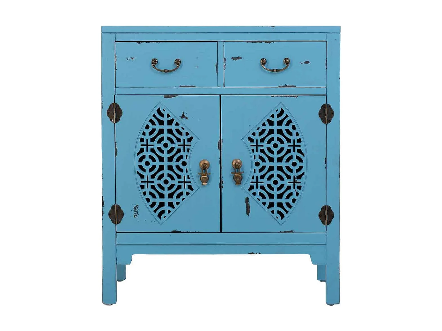 Mesa de salão em madeira com 2 gavetas e 2 portas em azul 66x36x78h cm