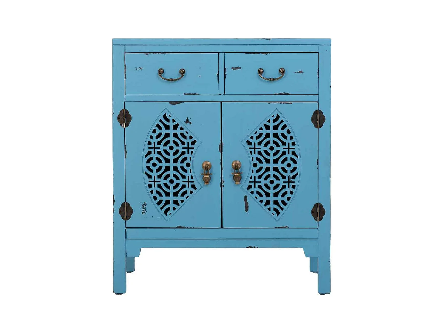 Table d'entrée en bois avec 2 tiroirs et 2 portes en bleu 66x36x78h cm