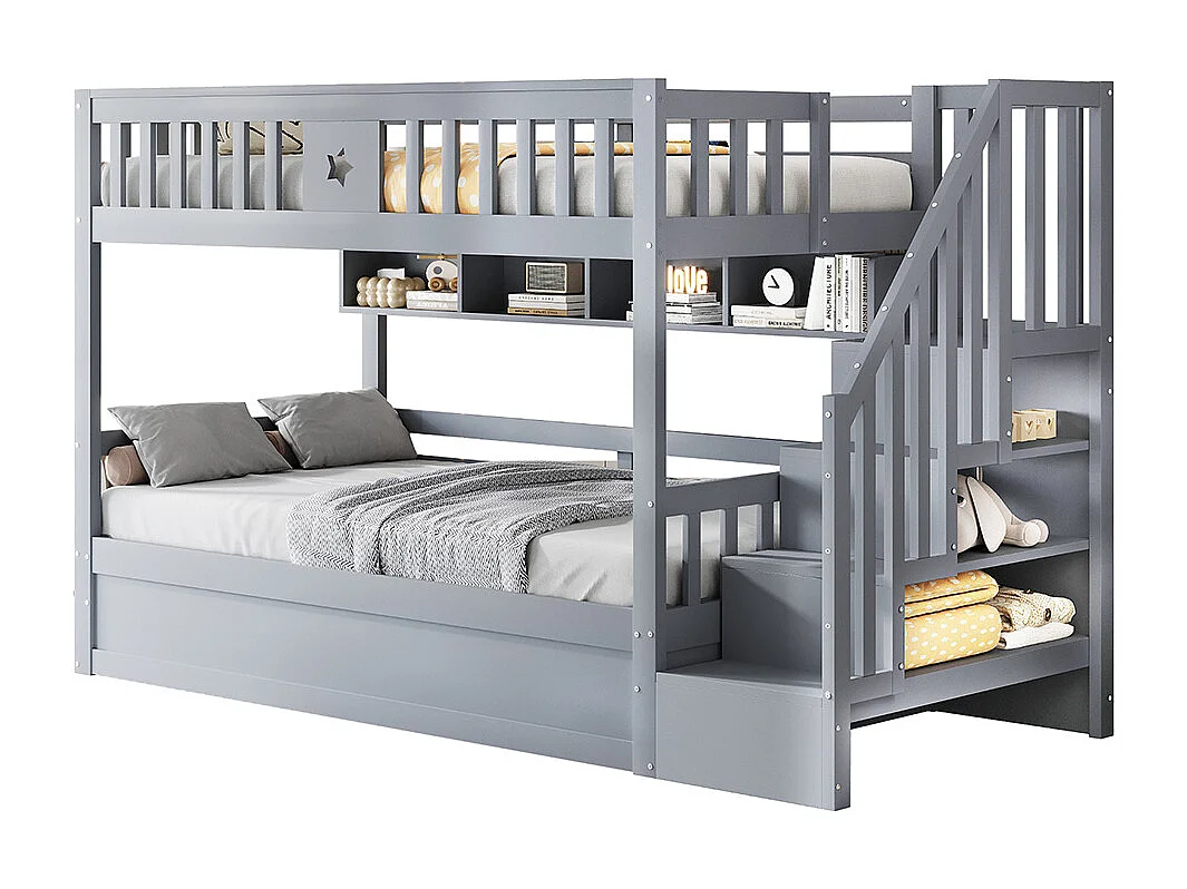 Lit superposé 90x200 sommier hydraulique escalier avec rangement étagères lit pour adolescents gris