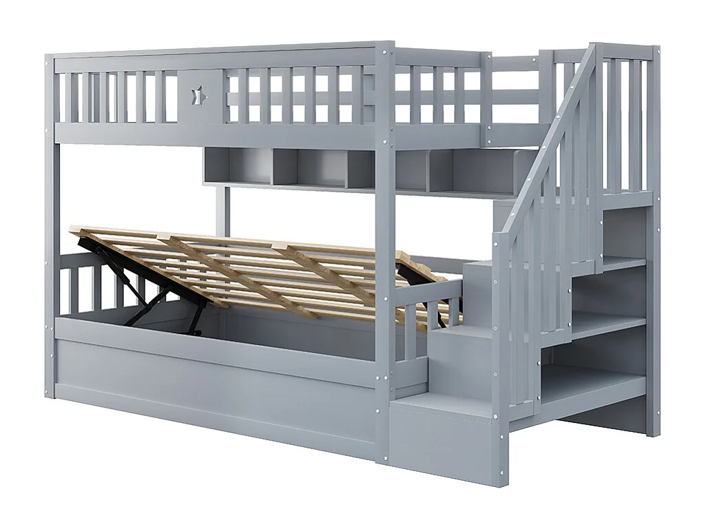 Lit superposé 90x200 sommier hydraulique escalier avec rangement étagères lit pour adolescents gris
