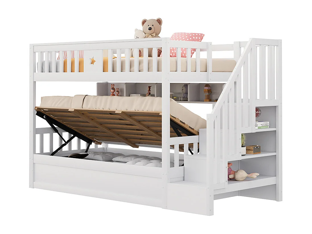 Lit superposé 90x200 sommier hydraulique escalier avec rangement étagères lit pour adolescents blanc