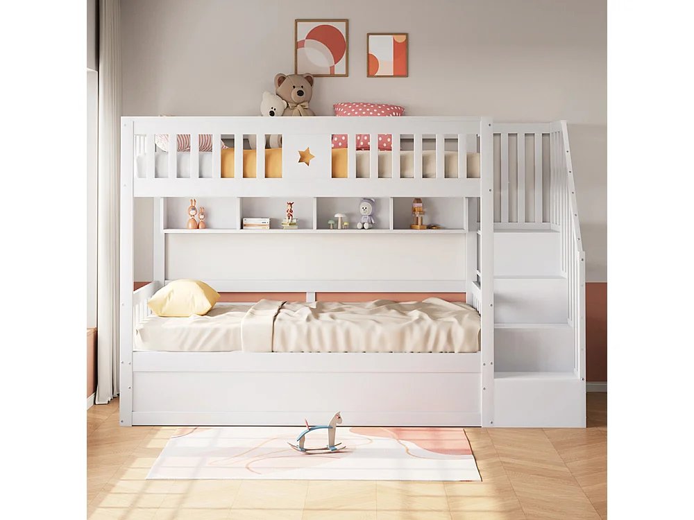 Lit superposé 90x200 sommier hydraulique escalier avec rangement étagères lit pour adolescents blanc