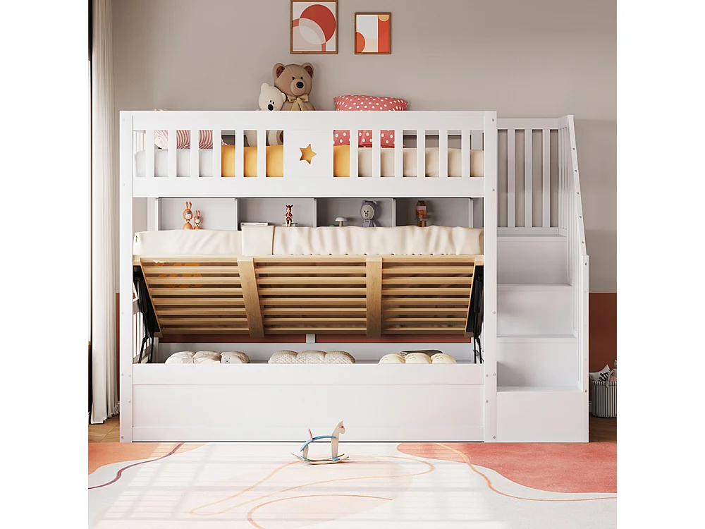 Lit superposé 90x200 sommier hydraulique escalier avec rangement étagères lit pour adolescents blanc
