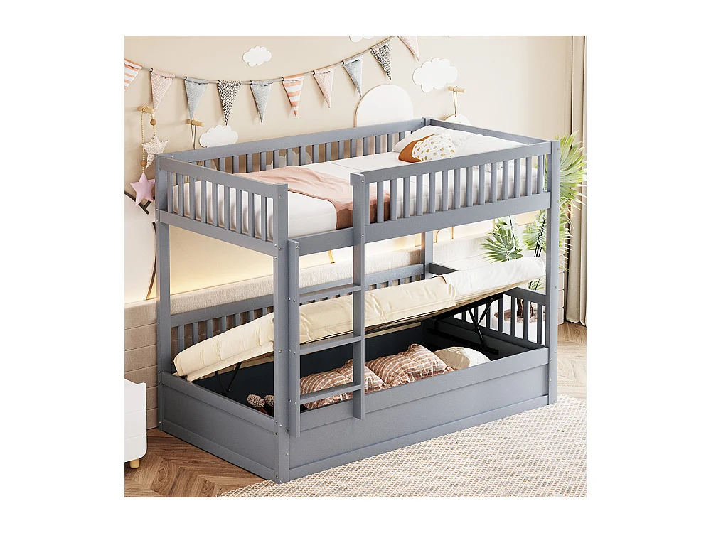 Lit superposé pour enfants 90x200 en bois massif Système de rangement hydraulique robuste et durable gris