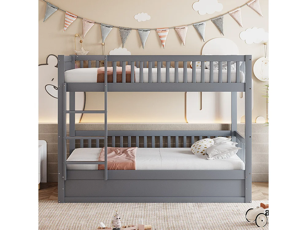 Lit superposé pour enfants 90x200 en bois massif Système de rangement hydraulique robuste et durable gris
