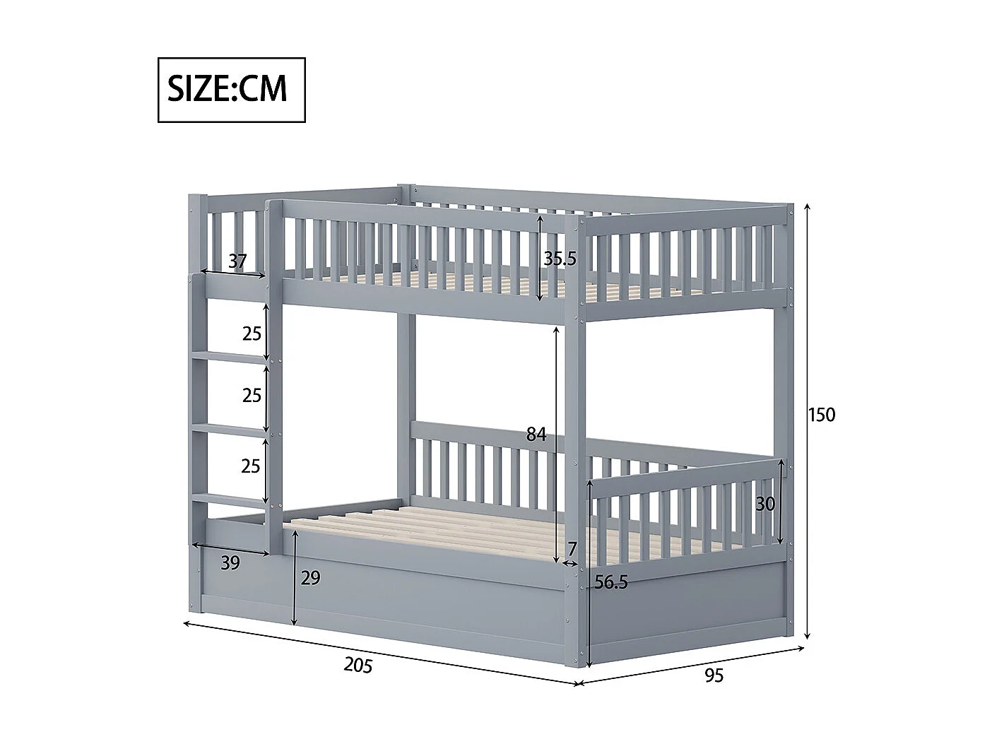 Lit superposé pour enfants 90x200 en bois massif Système de rangement hydraulique robuste et durable gris