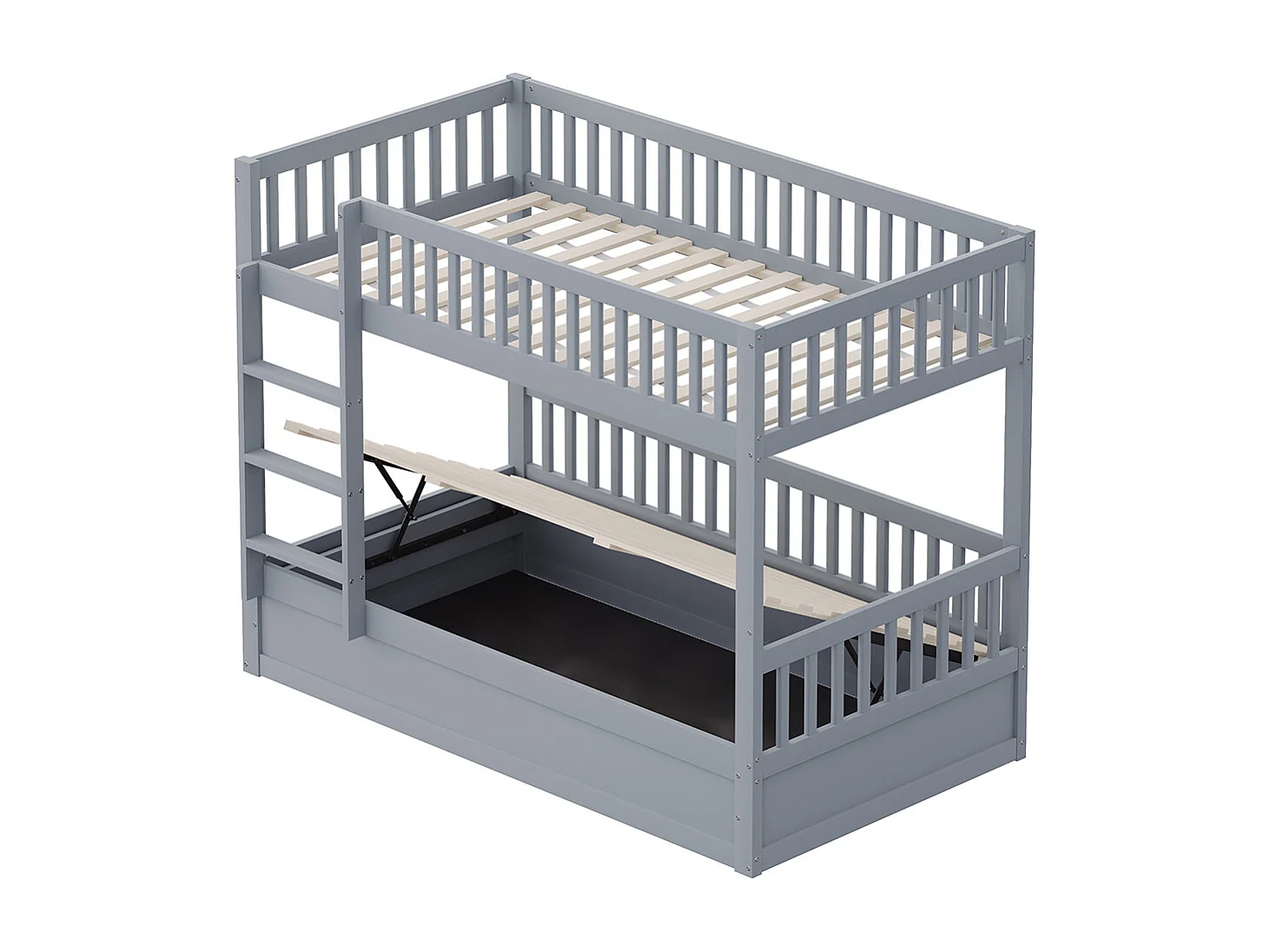 Lit superposé pour enfants 90x200 en bois massif Système de rangement hydraulique robuste et durable gris