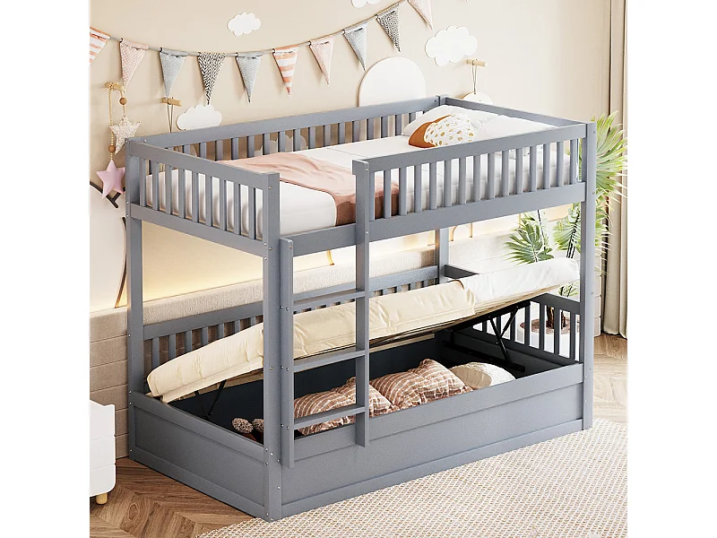Lit superposé pour enfants 90x200 en bois massif Système de rangement hydraulique robuste et durable gris