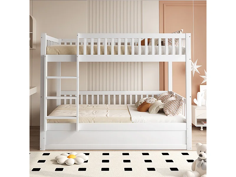 Lit superposé pour enfants 90x200 en bois massif Système de rangement hydraulique robuste et durable blanc