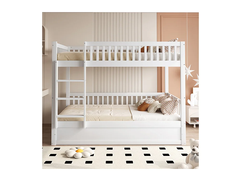 Lit superposé pour enfants 90x200 en bois massif Système de rangement hydraulique robuste et durable blanc