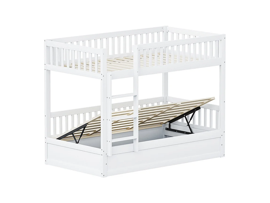 Lit superposé pour enfants 90x200 en bois massif Système de rangement hydraulique robuste et durable blanc