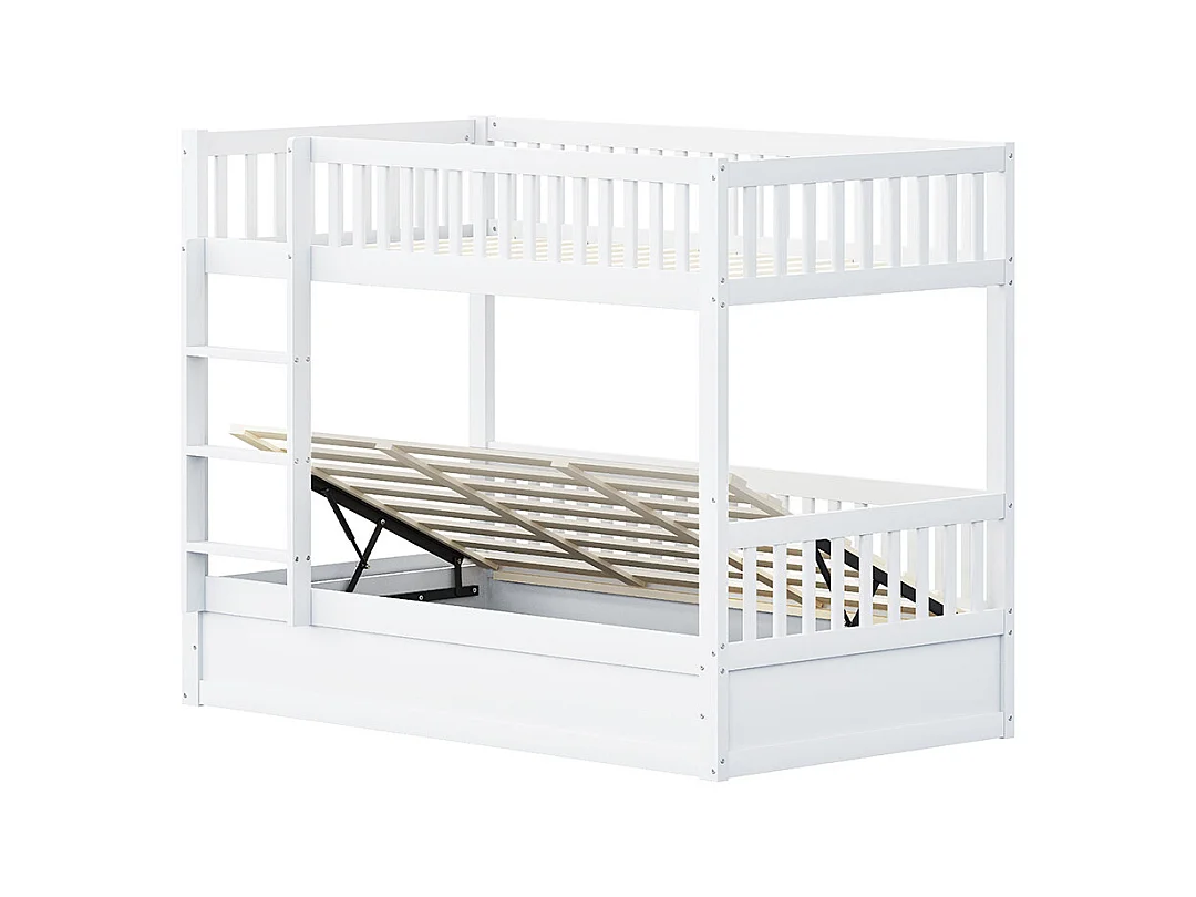 Lit superposé pour enfants 90x200 en bois massif Système de rangement hydraulique robuste et durable blanc