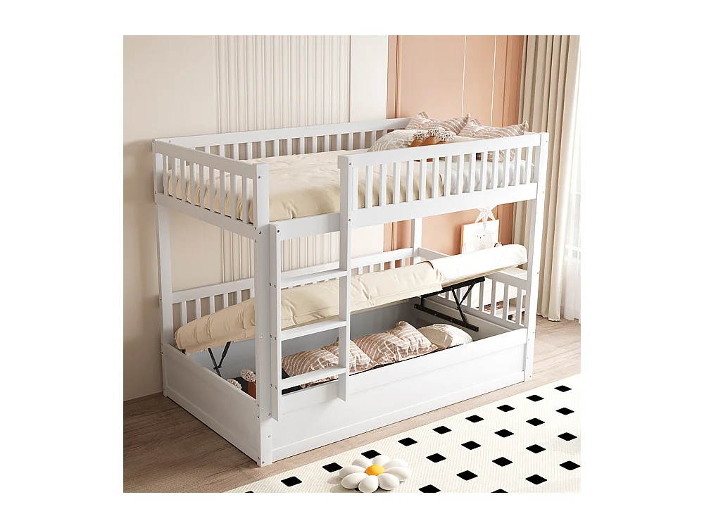 Lit superposé pour enfants 90x200 en bois massif Système de rangement hydraulique robuste et durable blanc