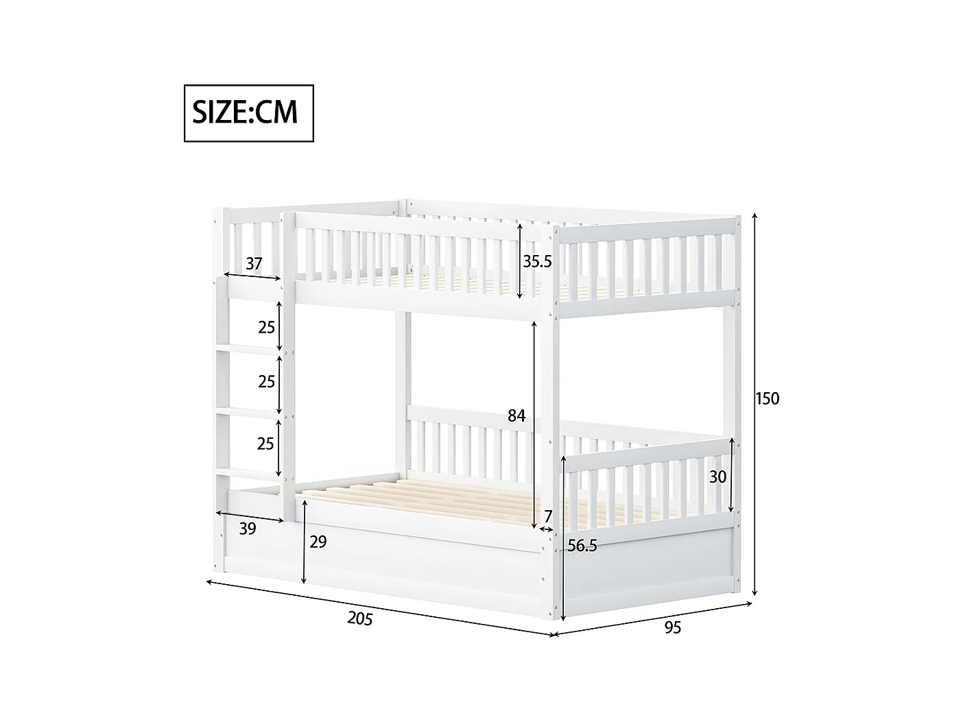 Lit superposé pour enfants 90x200 en bois massif Système de rangement hydraulique robuste et durable blanc
