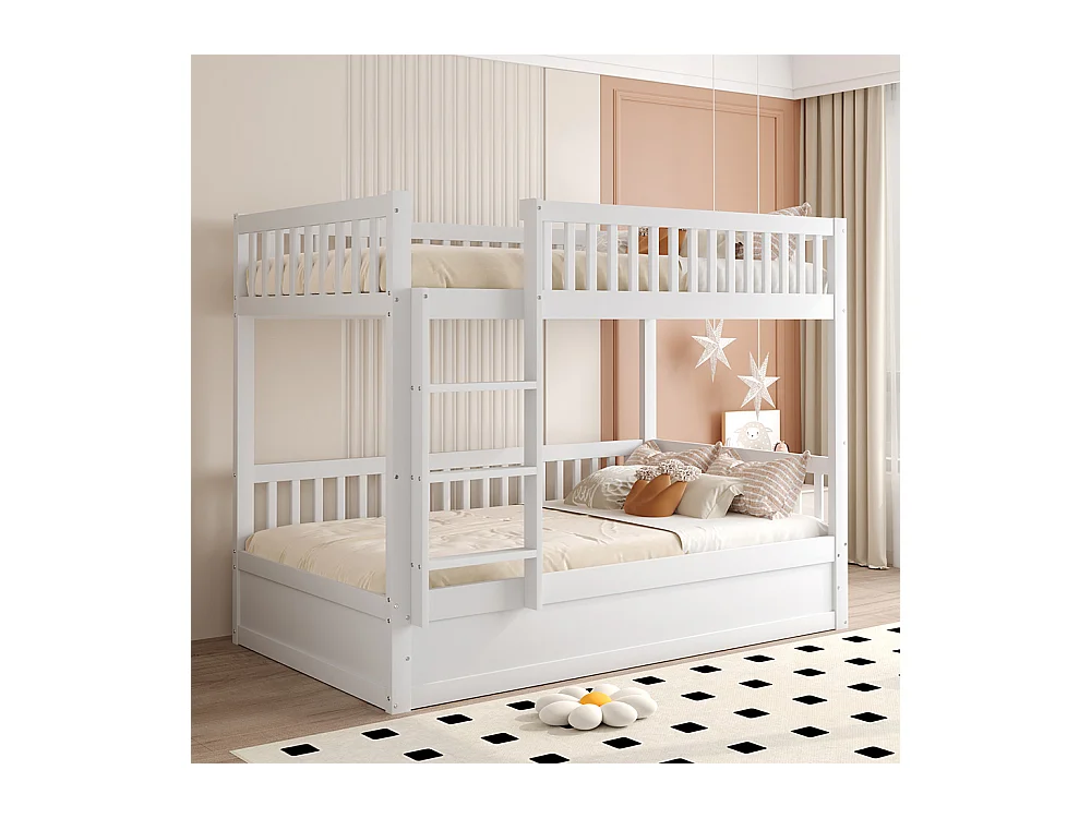 Lit superposé pour enfants 90x200 en bois massif Système de rangement hydraulique robuste et durable blanc