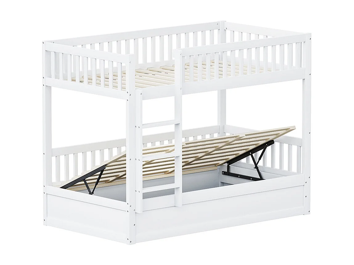 Lit superposé pour enfants 90x200 en bois massif Système de rangement hydraulique robuste et durable blanc