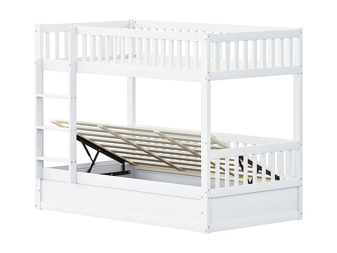 Lit superposé pour enfants 90x200 en bois massif Système de rangement hydraulique robuste et durable blanc