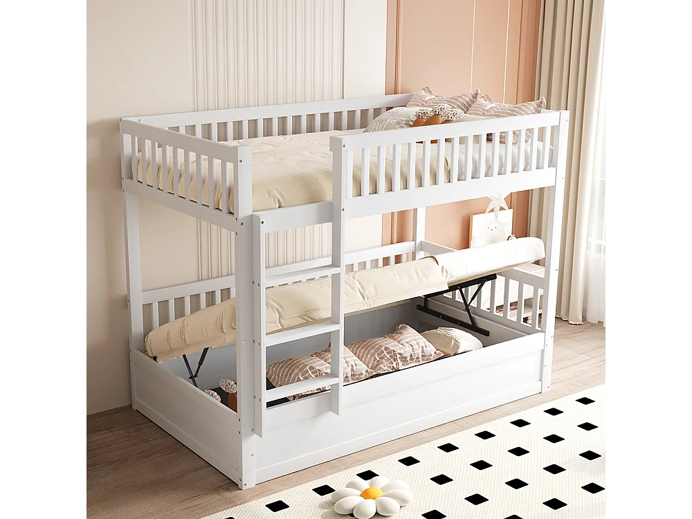 Lit superposé pour enfants 90x200 en bois massif Système de rangement hydraulique robuste et durable blanc