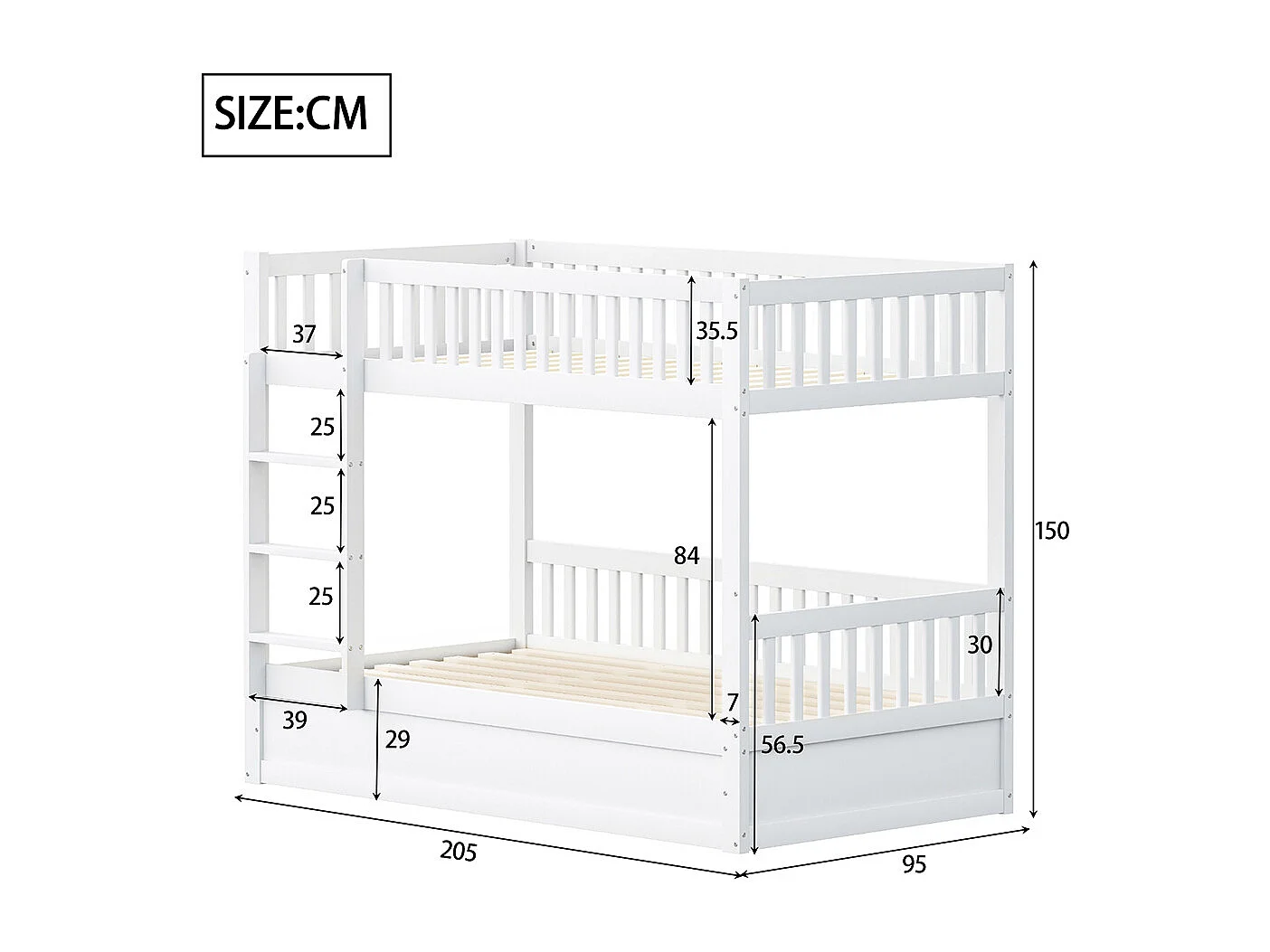 Lit superposé pour enfants 90x200 en bois massif Système de rangement hydraulique robuste et durable blanc