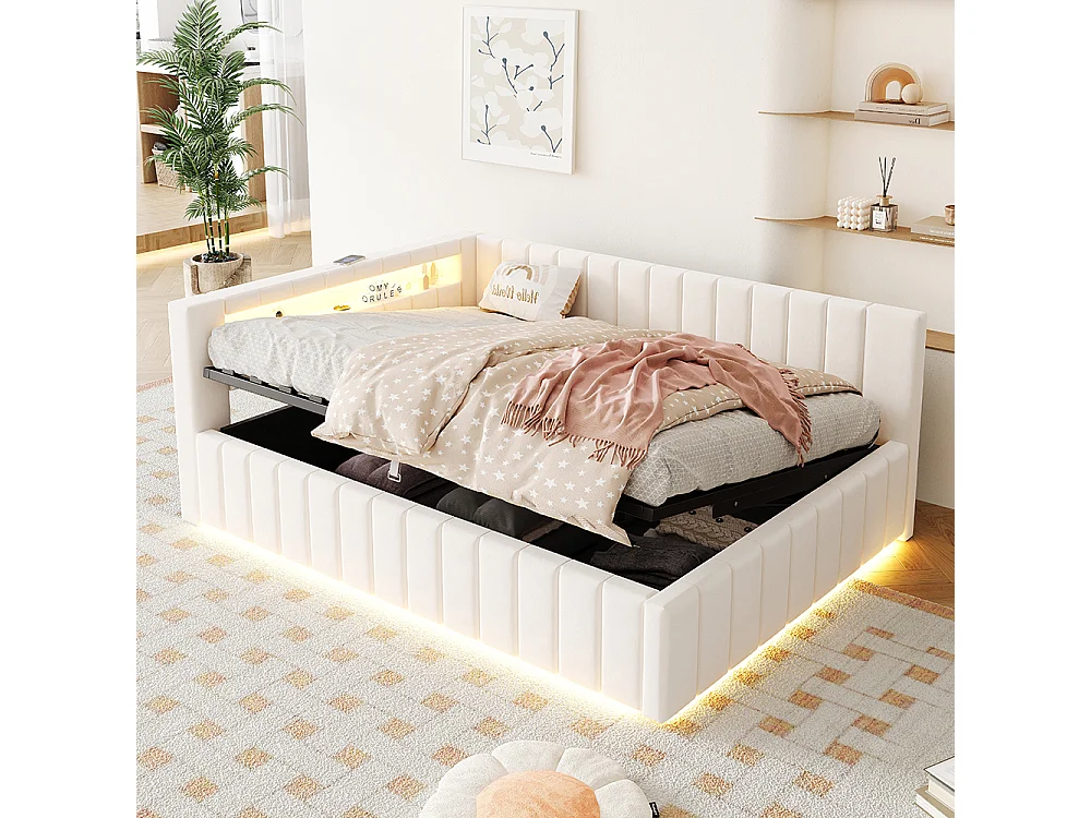 Lit coffre lit double 140x200 avec espace de rangement hydraulique avec éclairage LED et port USB avec dossier tête de lit tissu velours beige