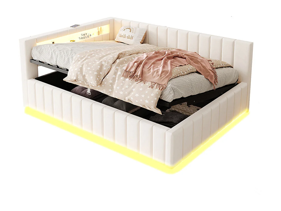 Lit coffre lit double 140x200 avec espace de rangement hydraulique avec éclairage LED et port USB avec dossier tête de lit tissu velours beige