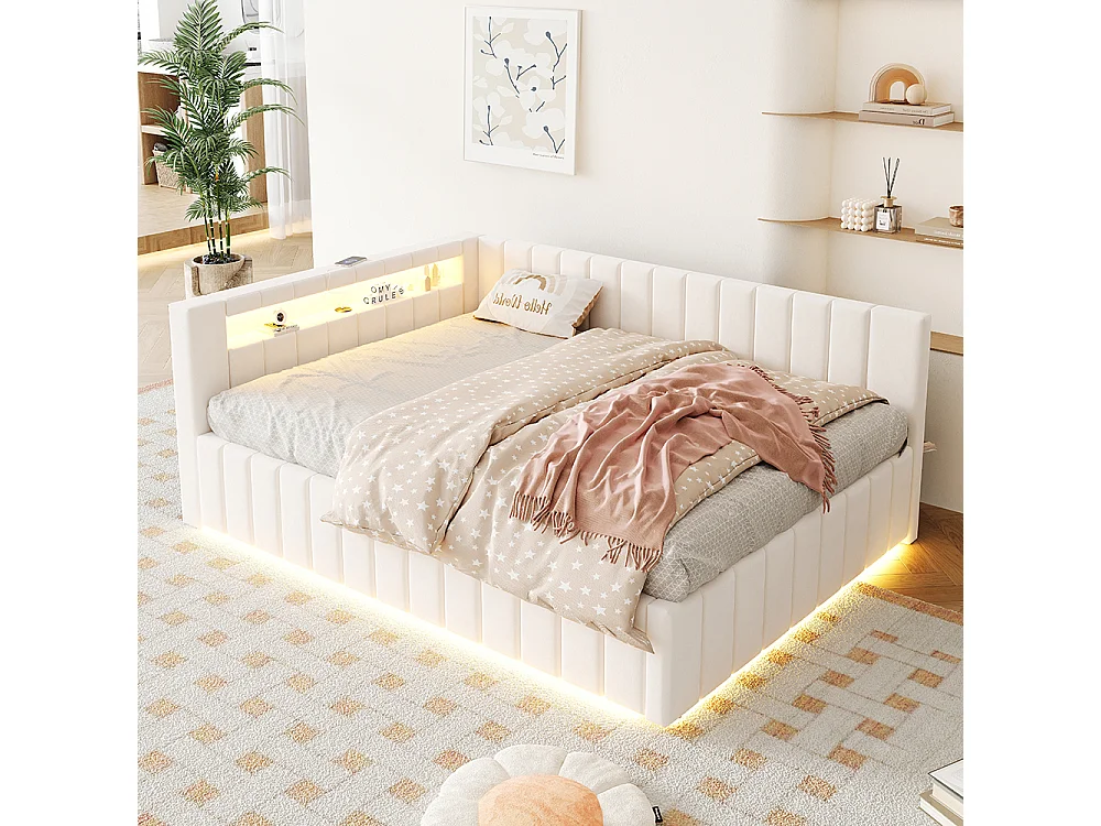 Lit coffre lit double 140x200 avec espace de rangement hydraulique avec éclairage LED et port USB avec dossier tête de lit tissu velours beige