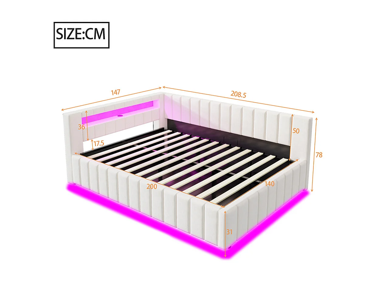 Lit coffre lit double 140x200 avec espace de rangement hydraulique avec éclairage LED et port USB avec dossier tête de lit tissu velours beige