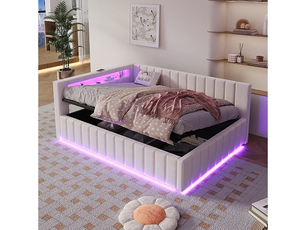 Lit coffre lit double 140x200 avec espace de rangement hydraulique avec éclairage LED et port USB avec dossier tête de lit tissu velours beige