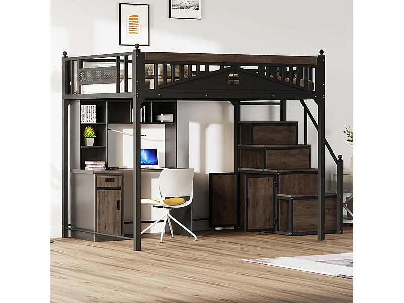 Lit mezzanine en métal 140x200 avec barrière sécurité boules décoratives motif fenêtre échelle réversible sécurité casiers intégrés couleur noir