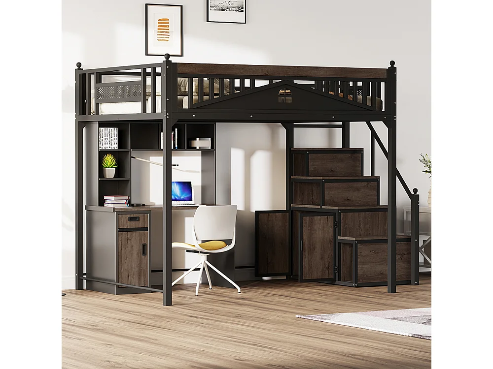 Lit mezzanine en métal 140x200 avec barrière sécurité boules décoratives motif fenêtre échelle réversible sécurité casiers intégrés couleur noir