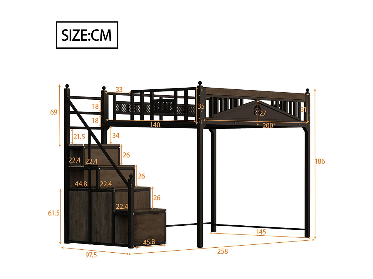 Lit mezzanine en métal 140x200 avec barrière sécurité boules décoratives motif fenêtre échelle réversible sécurité casiers intégrés couleur noir