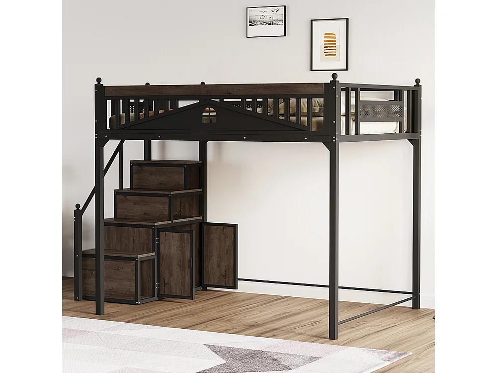 Lit mezzanine en métal 140x200 avec barrière sécurité boules décoratives motif fenêtre échelle réversible sécurité casiers intégrés couleur noir