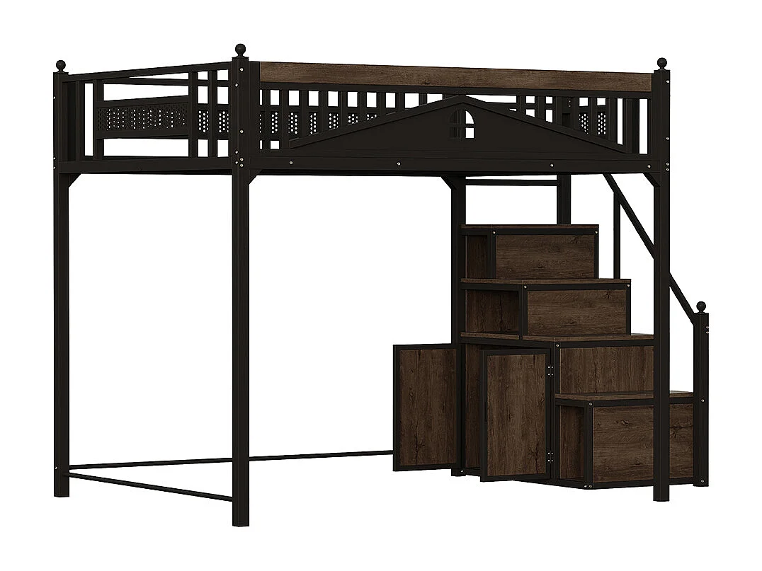 Lit mezzanine en métal 140x200 avec barrière sécurité boules décoratives motif fenêtre échelle réversible sécurité casiers intégrés couleur noir