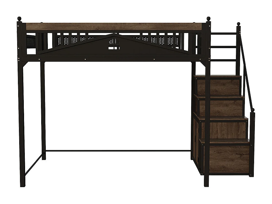 Lit mezzanine en métal 140x200 avec barrière sécurité boules décoratives motif fenêtre échelle réversible sécurité casiers intégrés couleur noir